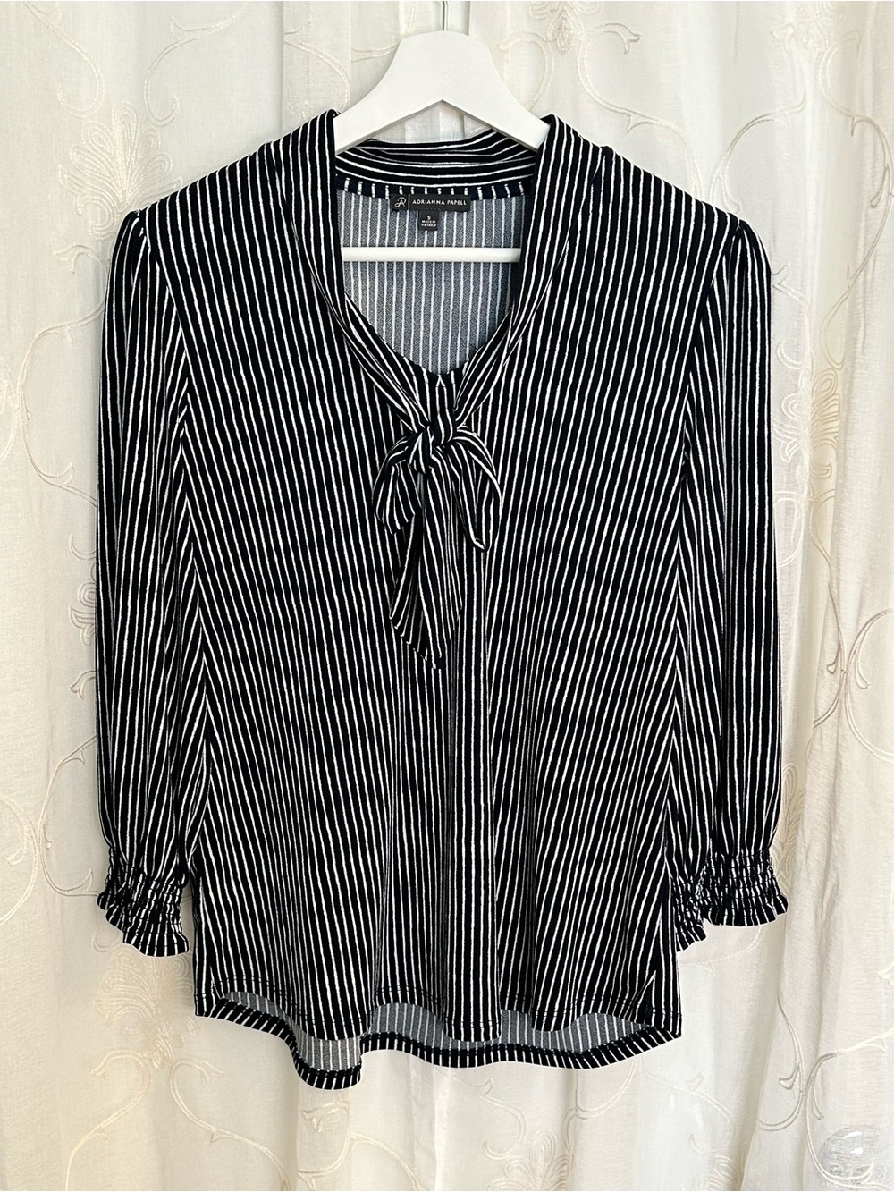 Adrianna Papell Navy White Striped Tie Neck  Bow Blouse Small